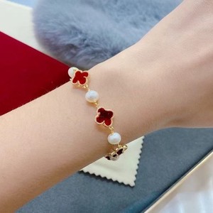 Freshwater Pearl Four Leaf Clover <b>Bracelet</b> Gold Plated <b>Red</b> Inlay Gift Jewelry For Women Fashion Beaded <b>Bracelets</b> - Product Image 3