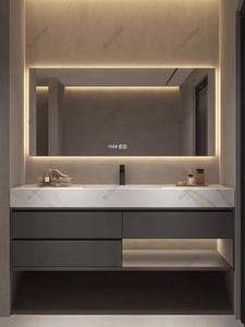 Meuble de salle de bain minimaliste moderne à double vasque avec miroir <span class=keywords><strong>LED</strong></span>, comptoir en pierre, vanité de salle de bain sur pied - Product Image 2