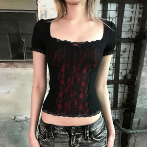 T-shirt gothique d'été écologique en dentelle florale à col carré pour femme, haut à manches courtes pour club et boîte de nuit - Product Image 3