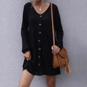 Maßgeschneidertes V-Ausschnitt-Knopfleisten-Skaterkleid Elegantes Frühlings-Casual-Midikleid für Partys Langärmliges Herbst-Damenkleid mit Taschen - Product Image 3
