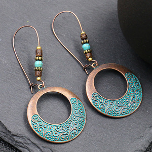 Boucles d'oreilles pendantes vintage en alliage, plaqué bronze antique, incrustation turquoise, bijoux de mode pour femme, design circulaire, boucles d'oreilles statement - Product Image 1
