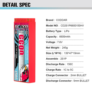 CODDAR 2S 6600MAH HV 7,6 V 150C 5mm Bullet Hard Case Ultra LCG <span class=keywords><strong>19mm</strong></span> толщина RC LiPo батарея для 1/10 RC Car - Product Image 4