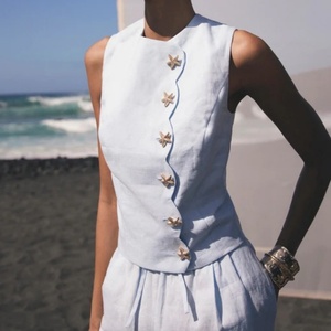 Venta al por mayor OEM: Conjunto de lino sin mangas para mujer, chaleco y pantalón, conjunto de 2 piezas de lino de verano para mujer, pantalón de cintura alta y pierna ancha. - Product Image 4