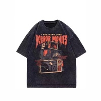 T-shirt à manches courtes en coton pur lavé, style rétro américain, imprimé grand format, tendance décontracté, ample, dessin animé