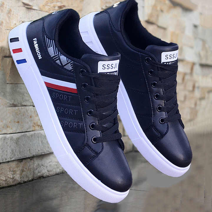 Mens Autumn New Fashionable Leather Flat White Shoes Lightweight Sports Leisure Running Shoes with Casual Toe Style PU Insole