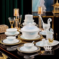 Service de vaisselle en porcelaine fine (Bone China) – Bols et assiettes compatibles micro-ondes, design moderne et minimaliste, couleur sous glaçure haute température de Jingdezhen, ensemble cadeau