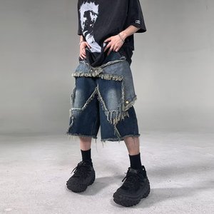 Shorts en jean pour homme coupe droite taille mi-haute, style Hip Hop Vintage, effet usé, streetwear, été, bords effilochés - Product Image 3