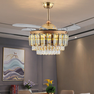 Ventilateur de plafond moderne OEM d'usine 42 pouces avec lampe, pales rétractables, LED cristal de luxe, 5 vitesses, télécommande à intensité variable, lumière chaude 3500K - Product Image 1