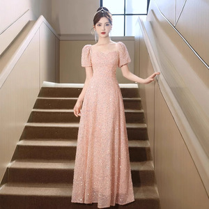 Pink Sequined Evening Gown Sweetheart Neckline Natural Waist Long Dress For Coming Of Age Ceremony - Product Image 1
