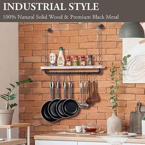 Support de pot monté au <span class=keywords><strong>plafond</strong></span> avec étagère de tuyau en métal noir industriel et pots et casseroles suspendus en bois massif lavé blanc minable - Product Image 4