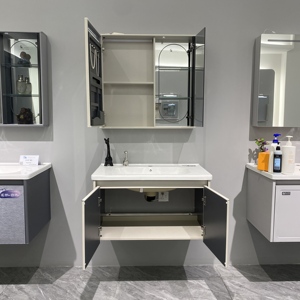 WJL <span class=keywords><strong>Meuble</strong></span>-<span class=keywords><strong>lavabo</strong></span> mural en céramique 80 cm avec éclairage intégré, design moderne résistant à l'humidité, pour salle de bain - Product Image 4