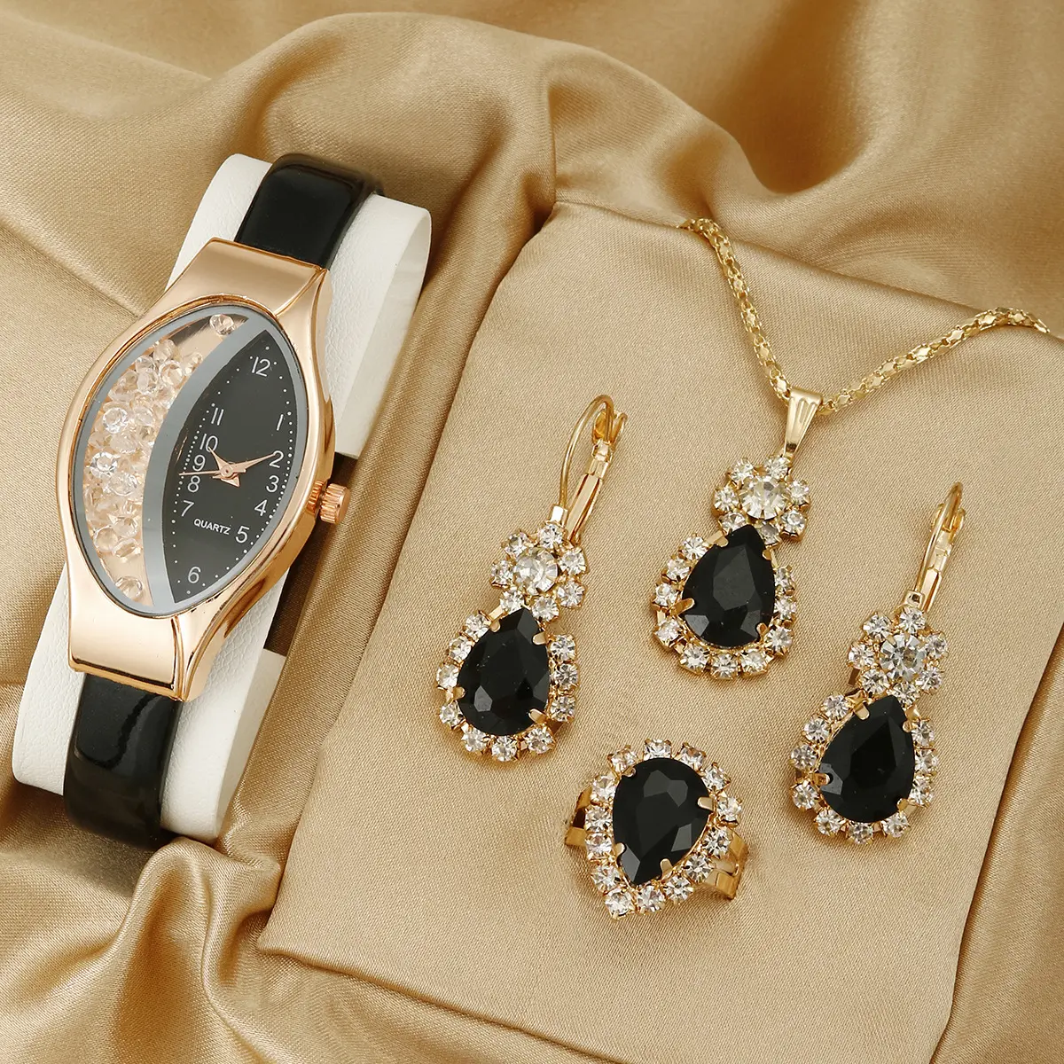Vente en gros Bracelet de montre-bracelet en cristal pour femme de luxe Ensembles de bijoux pour femme Plaqué argent Montres à quartz Coffret cadeau Relogio