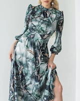 Gaun Midi Wanita Elegan Motif Pohon Artistik, Kerah Tinggi, Lengan Puff 3/4, Ikat Pinggang, Belahan Samping, Model Flowy untuk Pesta, Diskon Besar