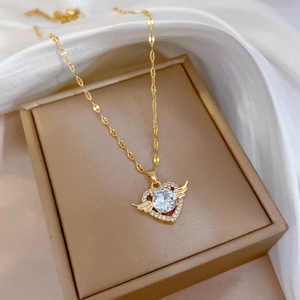 Collier chaîne en acier au titane en forme de coeur pour femme avec strass étincelant cristal rouge bleu diamant mode pendentif colliers - Product Image 3