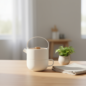 Théière Bredemeijer Tea For One Umea en céramique blanche avec couvercle et poignée en bois - Product Image 3