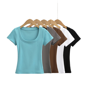 Top Corto de Punto para Mujer, Cuello Redondo, Manga Corta, Ajustado, de Algodón y Elastano, Estampado Informal de Verano, de Secado Rápido y Transpirable - Product Image 4