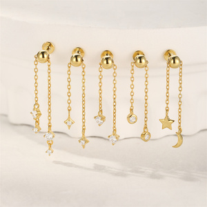 Pendientes Colgantes Ajustables de Plata de Ley 925 con Borla de Cadena, Estrella y Luna con Engaste de Circonitas, 4cm, 1.2*6mm - Product Image 1