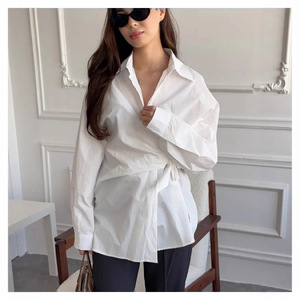 Chemise en coton à lacets sur le côté, style européen et américain, coupe amincissante polyvalente pour taille XL - Product Image 3