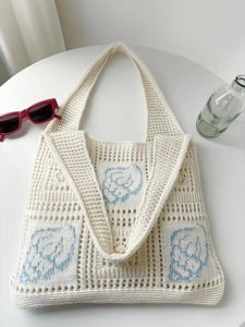 Borsa da Spiaggia Estiva da Donna, Design Bohémien con Fiori all'<span class=keywords><strong>Uncinetto</strong></span>, Motivo Candy, Grande Capacità, Borsa a Mano Aperta, Accessorio da Viaggio - Product Image 5