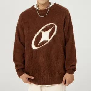 Suéter de Mohair Odm con logotipo personalizado Oem, prendas de punto Jacquard, cuello redondo, tejido de invierno, suéter de Mohair grueso de punto borroso para hombres