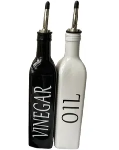 Dispensador de aceite y vinagre de cerámica, hecho a mano con tapón juego moderno, botella de aceite y vinagre, color blanco y negro, 500ml