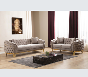 Modern Style Modular 2 Piece Apartment Living Room Set (includes <b>Sofa</b> + Loveseat) Made Velvet Button Tufted Surface Taupe Color - Product Image 1