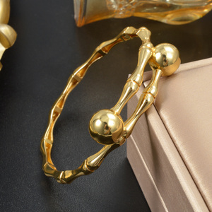 Fashion 18k Gold Plated Pure <b>Copper</b> Wholesale Chic Bamboo Texture Smooth Round Bead For Evening Gathering femme <b>bangles</b> bracelet - Product Image 1