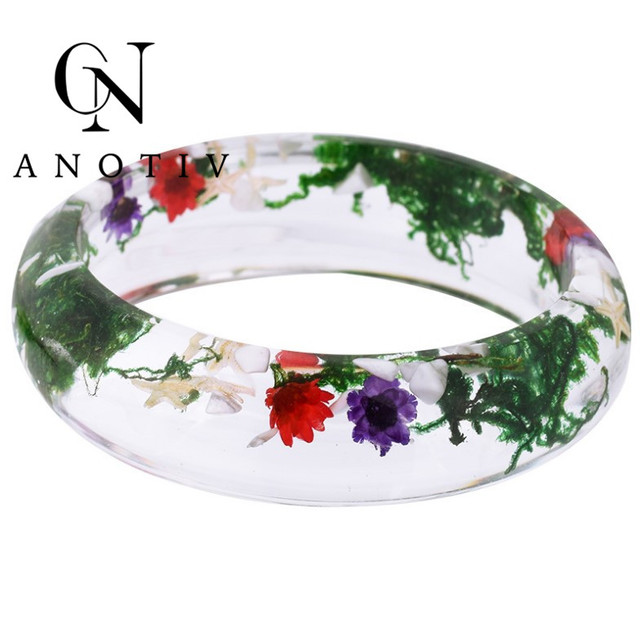 Handmade Romantic Latest Design Bangles and Bracelets Transparent Clear Glass Natural Real Flower Resin Bangle