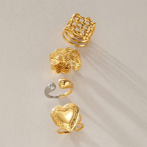 Ensemble de bagues tendance et élégantes en acier inoxydable plaqué or 18 carats, classiques, à motifs géométriques irréguliers, ajourés, fleur, torsadés, cœur, ovales, bicolores - Product Image 4