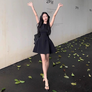 Sleeveless Vest Dress Women 2025 Summer Elegant <b>Thin</b> Fabric <b>Tight</b> Waist A Line Short Skirt Solid Color Breathable Daily Wear - Product Image 3