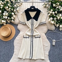 Robe Courte Décontractée et Élégante ZHEZHE Boutique Été 2025 pour Femme, Tricotée à Manches Courtes, Col Polo, Design Simple et Naturel