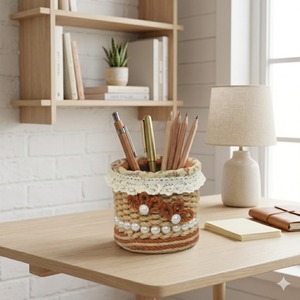 Porte-stylo en corde de chanvre tressée à la main, panier de rangement rond pour bureau avec perles et dentelle, pour le bureau ou l'école - Product Image 4