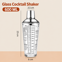 Shaker à cocktails en verre de 600 ml avec mesures imprimées, recettes, couvercle en acier inoxydable, mélangeur de boissons pour bar à domicile, fête, cadeau, vente en gros