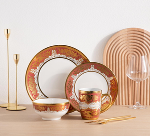 Factory Custom Brand Gold Rim Red Floral Eco-Friendly Porcelain Tableware Premium Banquet Dinner Set Bulk Gift Box Supply - Product Image 2