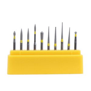 Jeu de fraises diamantées dentaires 1,6 mm à tête conique, fraises à résine haute vitesse pour préparation dentaire, 10 pièces, étui jaune - Product Image 1