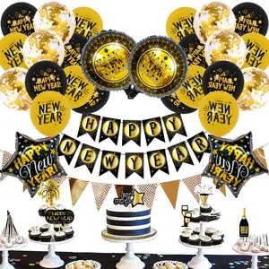 Ensemble de ballons Happy New Year 2023, grandes décorations 3D de nouvel an, bannière en or noir, bouteille étoile, ballons Disco, fournitures de fête
