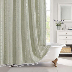 Boho Farmhouse Jacquard <span class=keywords><strong>Lin</strong></span> Rideau de douche en tissu rustique résistant à l'<span class=keywords><strong>eau</strong></span> avec pompon - Product Image 1