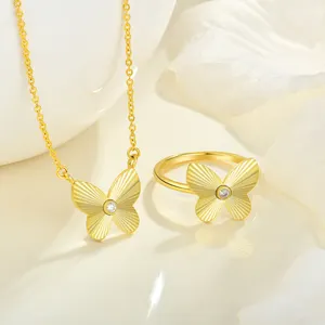 Waterproof Butterfly 925 Silver Jewelry Sets Chunky Butterfly Design 18K Gold Plated Necklaces Ring For Women