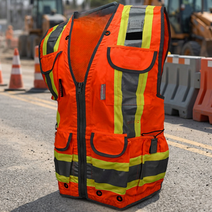 Gilet de sécurité réfléchissant haute visibilité orange en polyester unisexe, vêtements de travail avec plusieurs poches et dos en maille respirante - Product Image 4