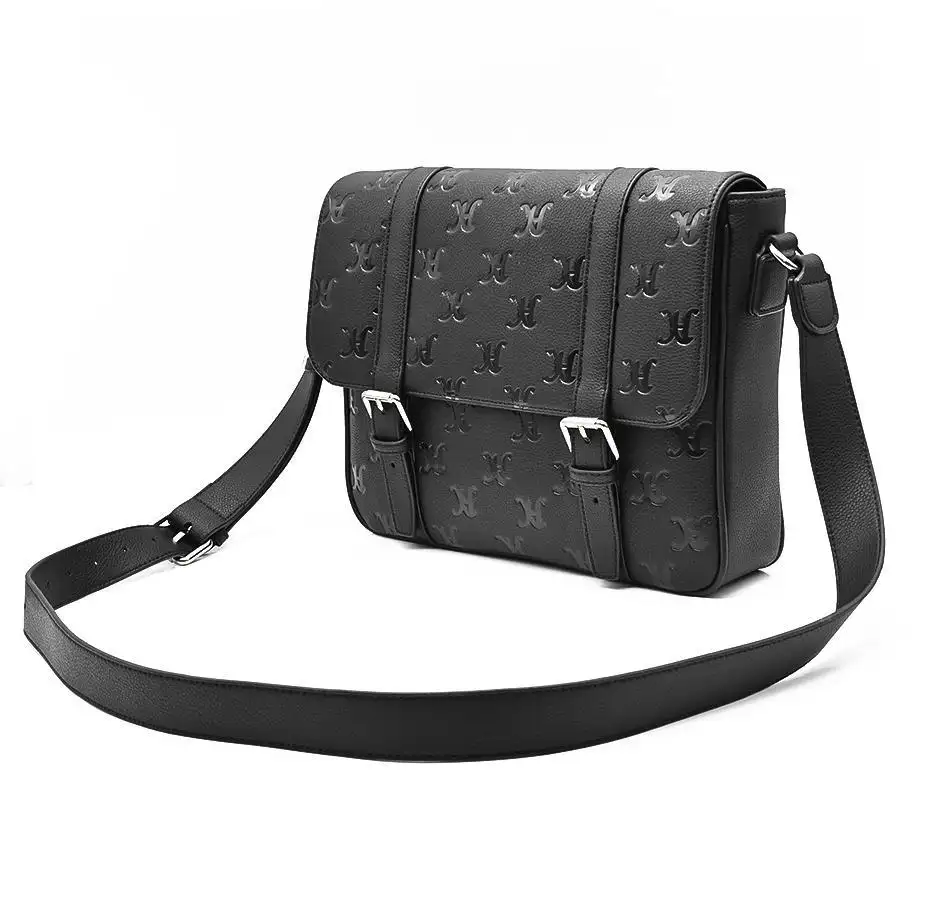 Custom Make All Over Logo Embossed Vegan Leather Crossbody Laptop Messenger Bag For Men