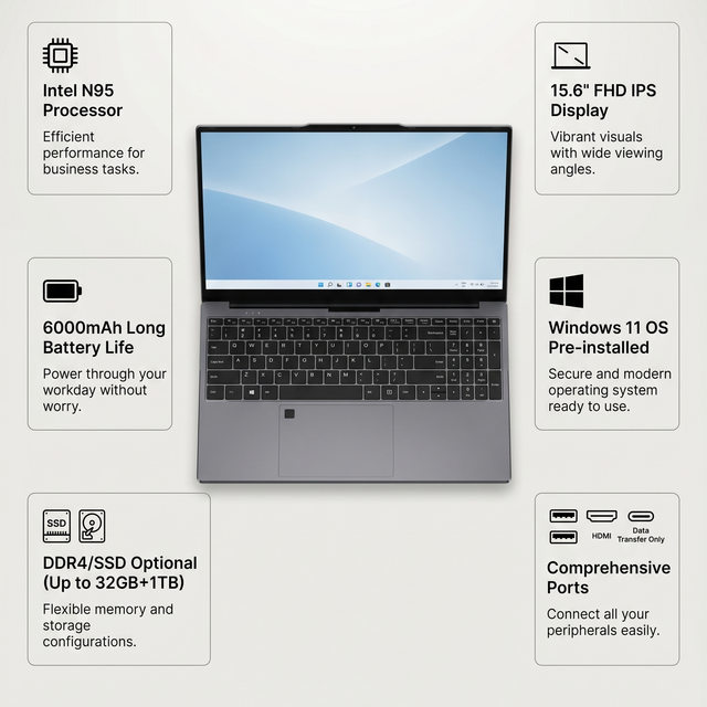 15.6-inch Intel N95 Quad-core Processor, Featuring Fingerprint Unlock, Type-C Interface and DDR4 Memory Business Laptop Computer