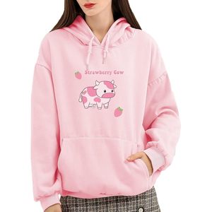 FOXA Sudadera con capucha con estampado de vaca y fresa para mujer, jersey de algodón de manga larga con bolsillo, ropa estética - Product Image 1