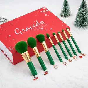 Pinceles de maquillaje de madera para mujeres, brochas de maquillaje de diseño de anime de marca privada con mango único sin etiqueta, color verde esponjoso, 8 estilos nuevos