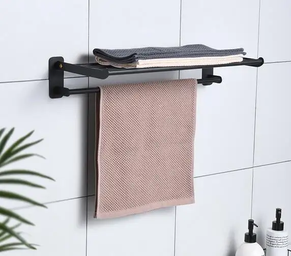 Self Adhesive Wall Mounted 304 Stainless Steel Shelf Bathroom Towel Rack Shower Double Towel Bar Black Bathroom Accessories