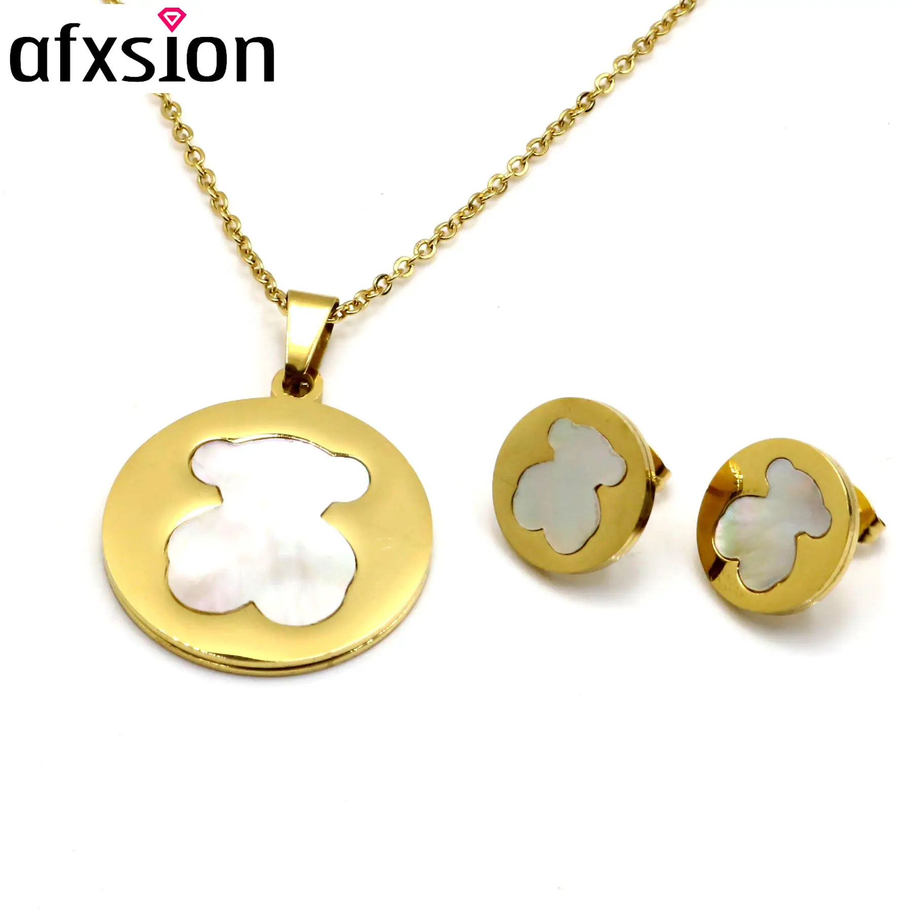 Afxsion fashion shell Bear Pendant necklace and earrings With diamond Stainless steel jewelry set women