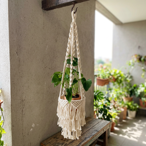 Porte-plante en macramé écologique fait main, corde en coton blanc, porte-plante suspendu avec pompons, décoration bohème pour la maison, provenant du Rajasthan - Product Image 4