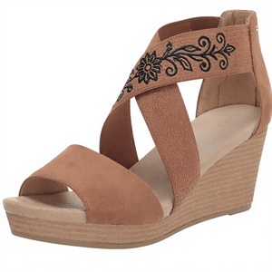 Sandales compensées brodées florales couleur tan à bout ouvert, mules à plateforme à enfiler pour femme, chaussures d'été habillées - Product Image 4