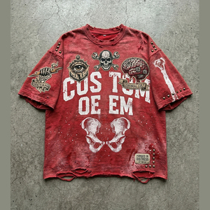 เสื้อยืดผู้ชายทรงโอเวอร์ไซส์ สไตล์สตรีทแวร์ ผ้าฝ้าย 100% พิมพ์ลายดิจิตอลแบบวินเทจ ลุคขาดๆ แบบดิสเทรส รับผลิตตามแบบ OEM - Product Image 1