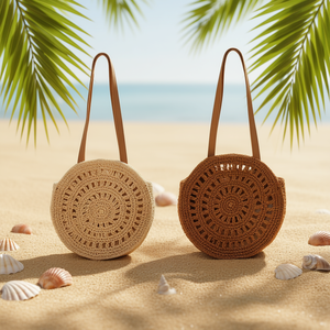 Borsa a tracolla grande rotonda in carta intrecciata traforata 33CM beige e marrone da donna per l'estate e la spiaggia - Product Image 2