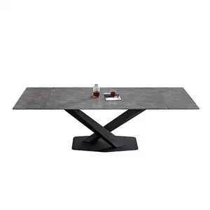 contemporary stylish nordic slate rock top Panel 6 to 8 people long space saving black metal extendable dining table